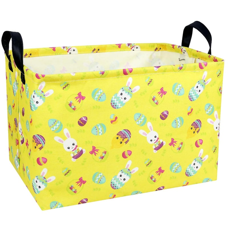 SETAMA Large Empty Easter Basket for Kid Yellow Fabric Personalized Bunny Eggs Easter Gift Basket for Boy and Girl (Rabbit Chicken) - Image 1